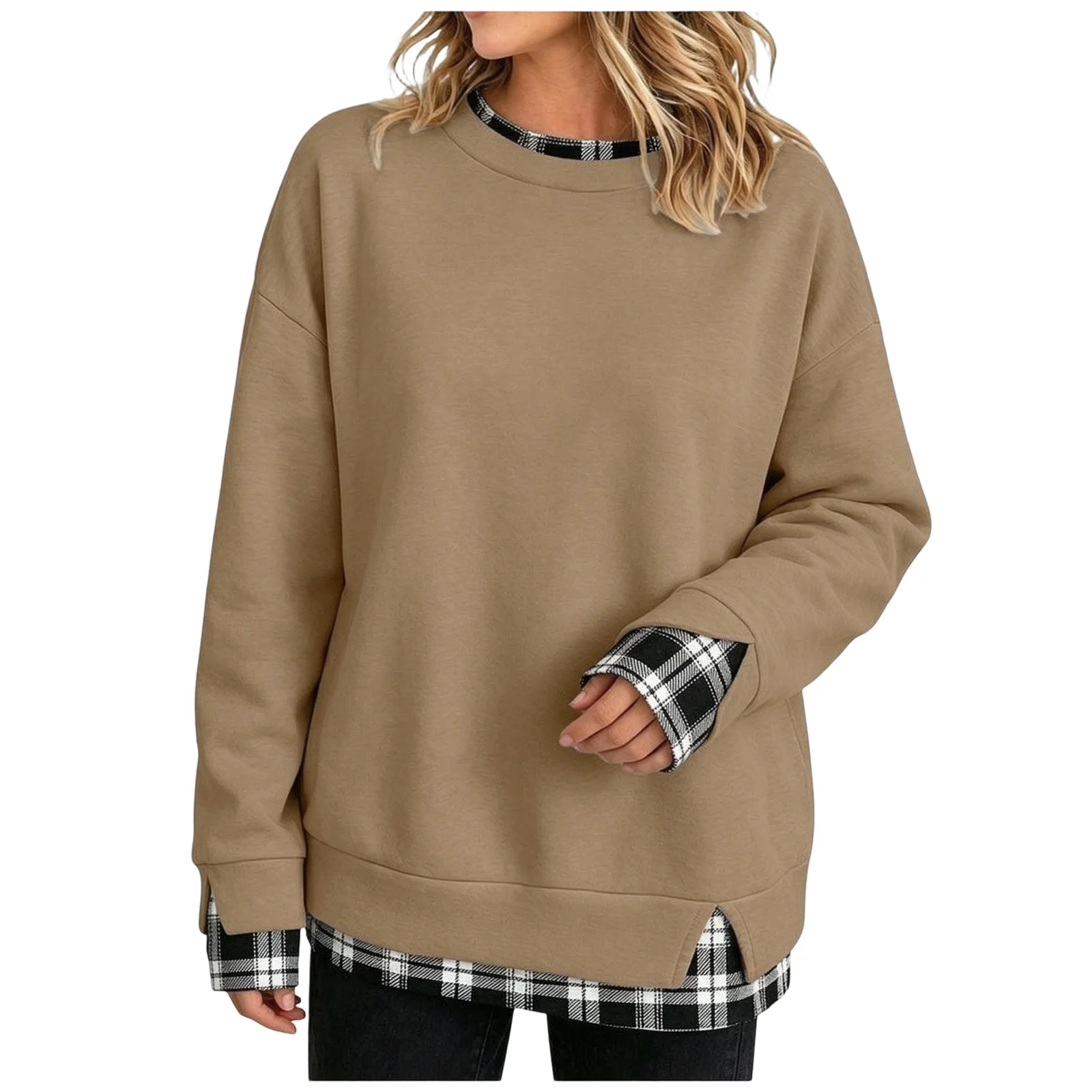 Oversize Sweatshirts Women With Plaid Hem Long Sleeve Round Neck Sweatshirts Fake Two-Piece Fashion Casual Pullover Tops