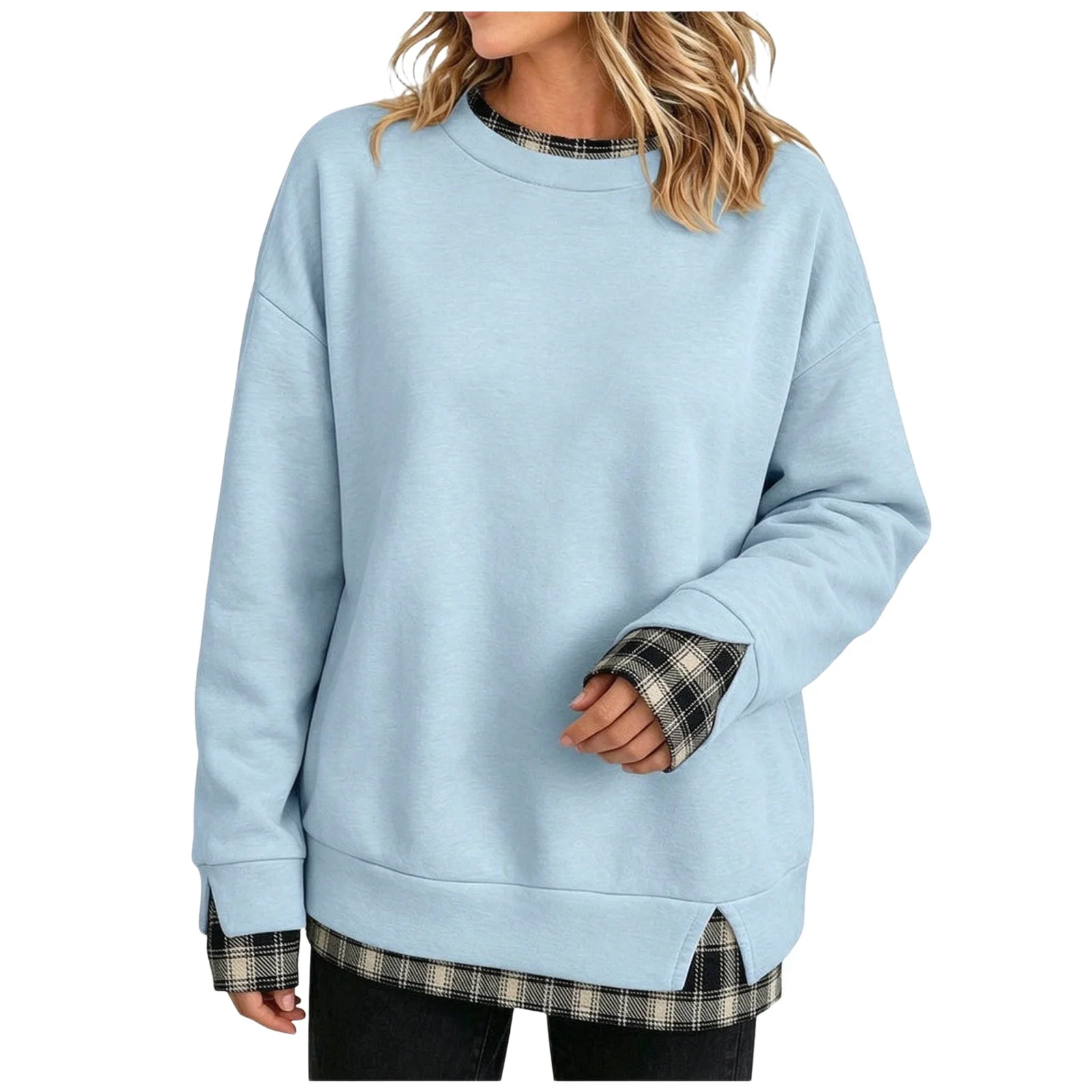 Oversize Sweatshirts Women With Plaid Hem Long Sleeve Round Neck Sweatshirts Fake Two-Piece Fashion Casual Pullover Tops