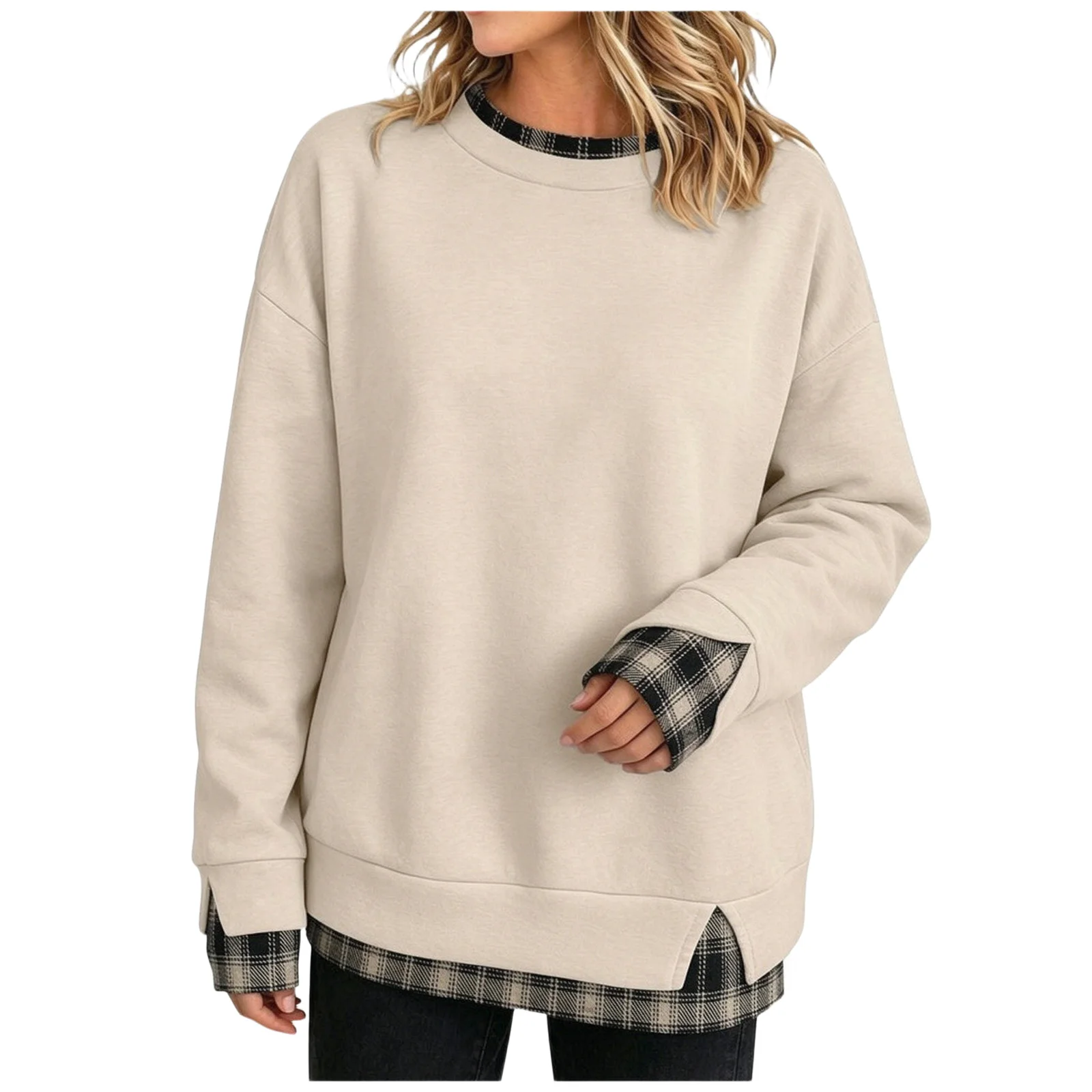 Oversize Sweatshirts Women With Plaid Hem Long Sleeve Round Neck Sweatshirts Fake Two-Piece Fashion Casual Pullover Tops