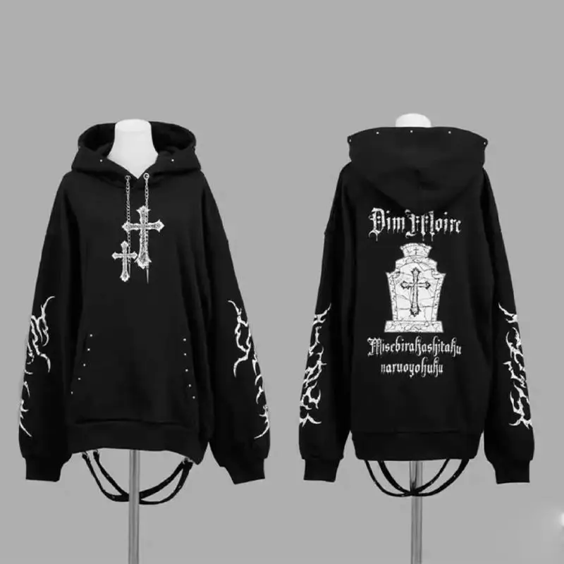 Streetwear Goth Sweatshirts Women's Clothing 2025 Print Harajuku Punk Hoodies Rivet Hooded Casual Fashion Oversized Hoodie Tops
