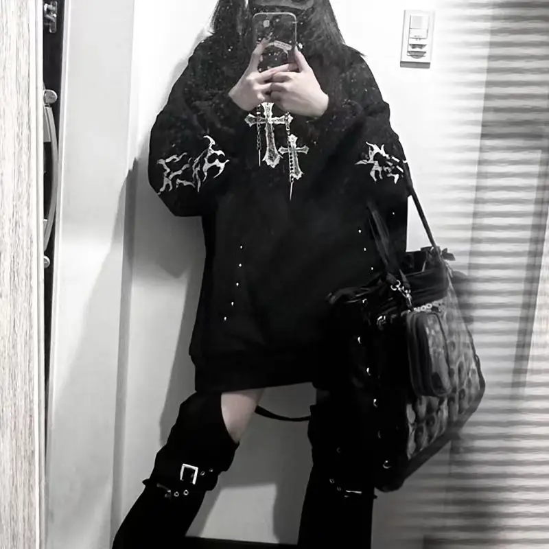 Streetwear Goth Sweatshirts Women's Clothing 2025 Print Harajuku Punk Hoodies Rivet Hooded Casual Fashion Oversized Hoodie Tops