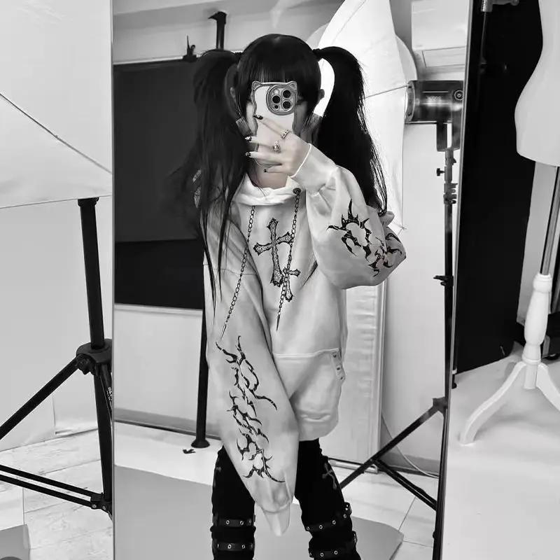 Streetwear Goth Sweatshirts Women's Clothing 2025 Print Harajuku Punk Hoodies Rivet Hooded Casual Fashion Oversized Hoodie Tops