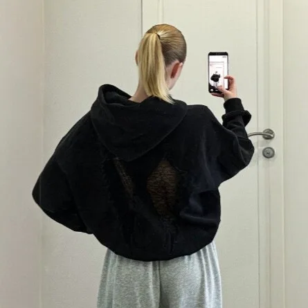 Y2K Casual Pullover Hoodies For Ladies Women Lace Angel Wings Back Cutout Hooded Sweatshirt Long Sleeve Loose Oversized Hoodie