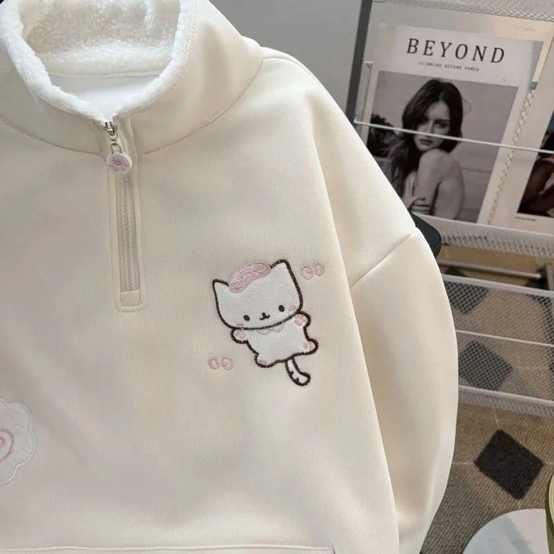 Winter Thick Cartoon Sweatshirt Women Warm Cute Loose Sweet Embroidery Pullover Fashion Turn Down Collar Long Sleeve Kawaii Tops
