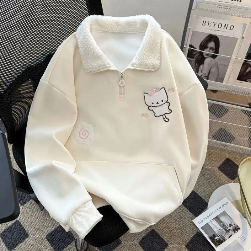 Winter Thick Cartoon Sweatshirt Women Warm Cute Loose Sweet Embroidery Pullover Fashion Turn Down Collar Long Sleeve Kawaii Tops