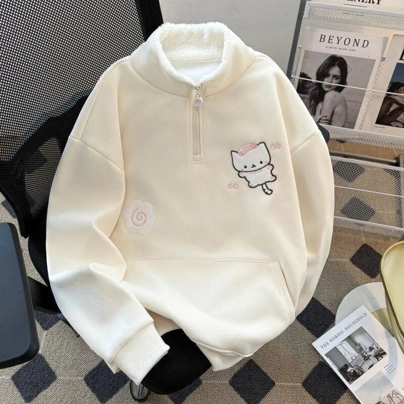 Winter Thick Cartoon Sweatshirt Women Warm Cute Loose Sweet Embroidery Pullover Fashion Turn Down Collar Long Sleeve Kawaii Tops