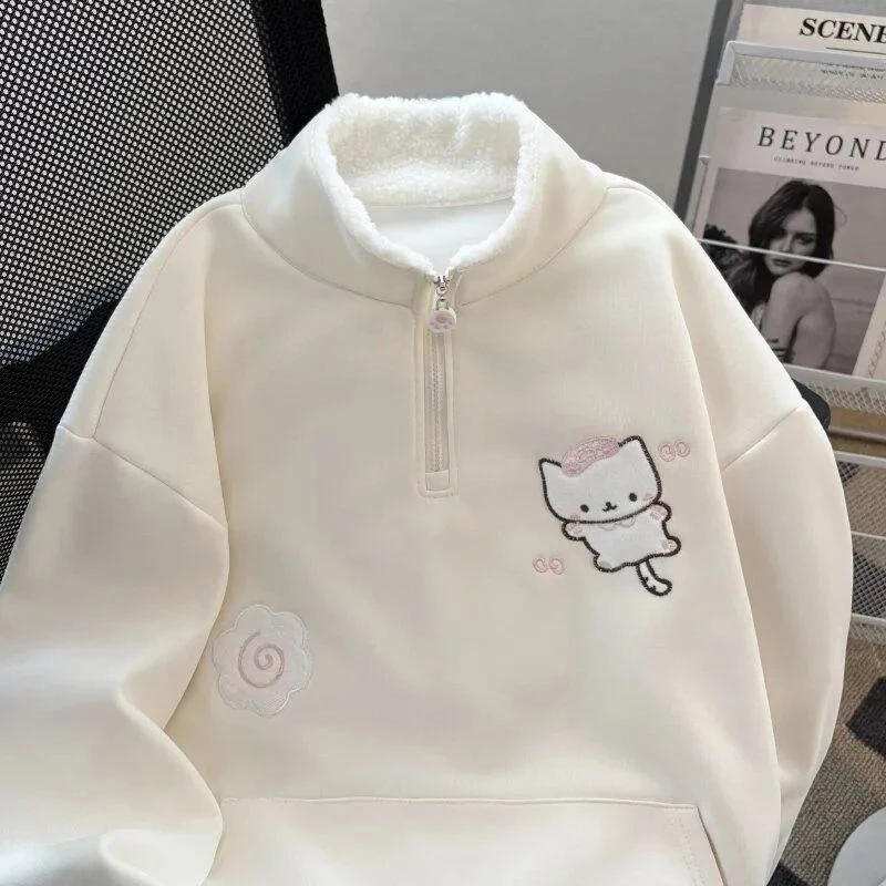 Winter Thick Cartoon Sweatshirt Women Warm Cute Loose Sweet Embroidery Pullover Fashion Turn Down Collar Long Sleeve Kawaii Tops