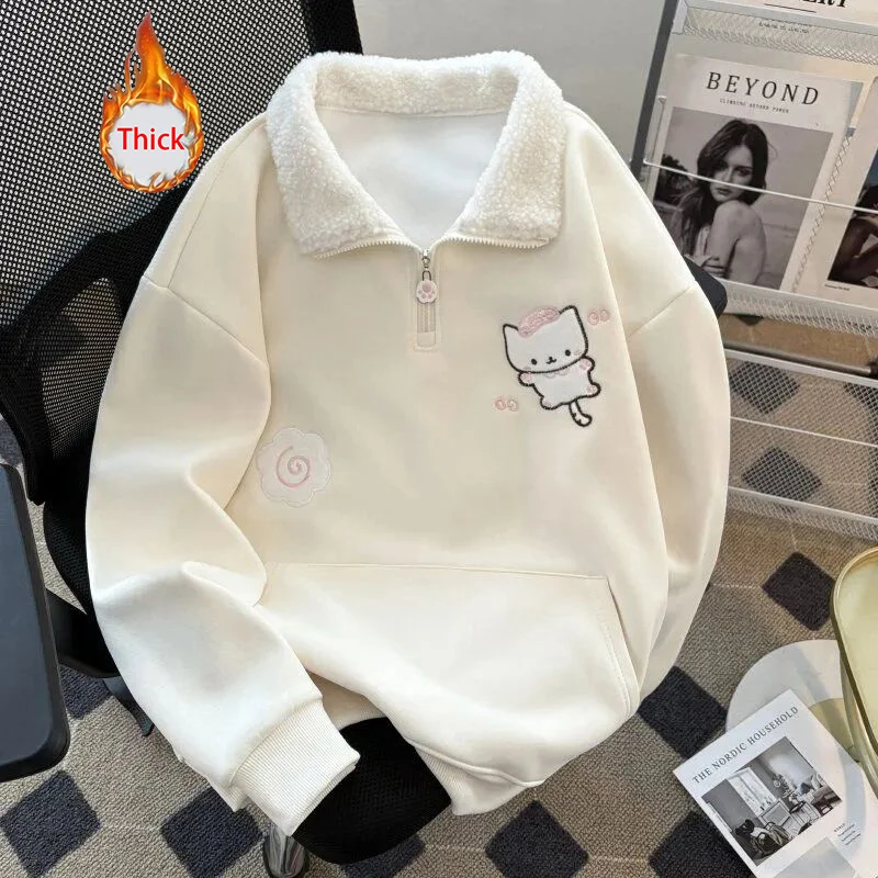 Winter Thick Cartoon Sweatshirt Women Warm Cute Loose Sweet Embroidery Pullover Fashion Turn Down Collar Long Sleeve Kawaii Tops