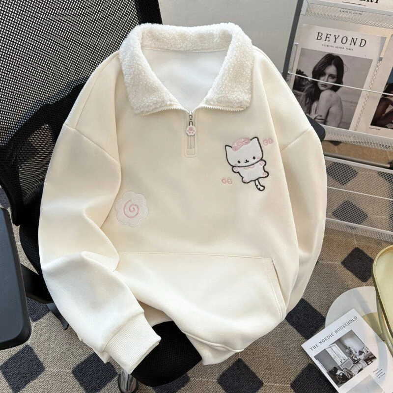 Winter Thick Cartoon Sweatshirt Women Warm Cute Loose Sweet Embroidery Pullover Fashion Turn Down Collar Long Sleeve Kawaii Tops