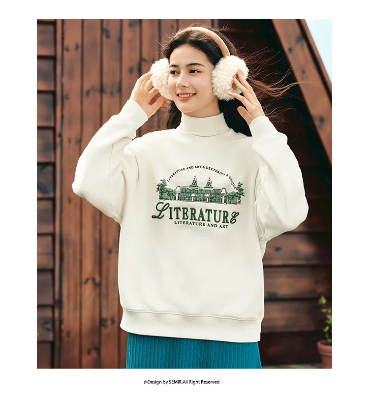 Semir Sweater Women Oversize Heating and Antibacterial 2024 New Winter Embroidered Fleece Top