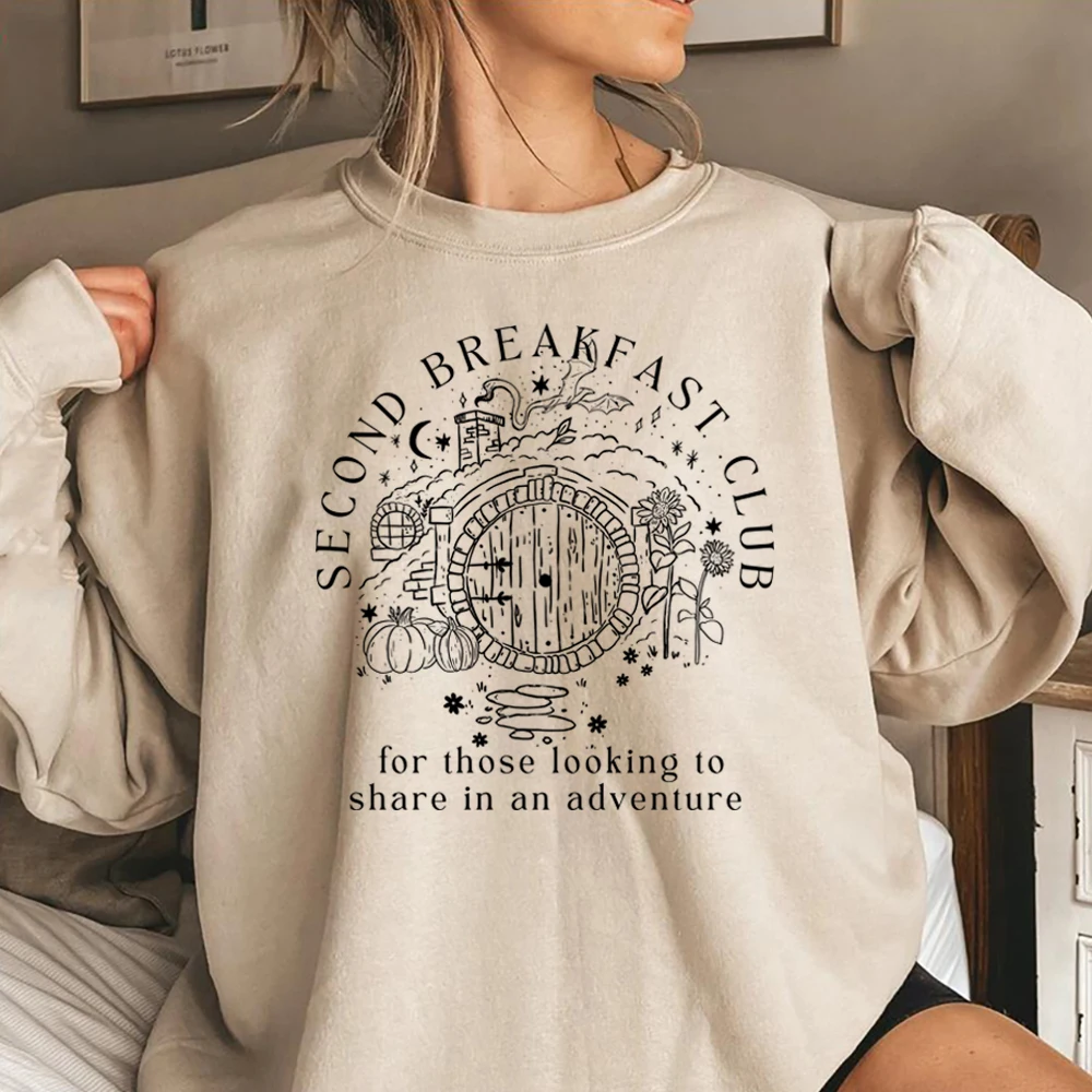 Second Breakfast Club Sweatshirt LOTR The Shire Shirt Literature Bookworm Hoodie Vintage Aesthetic Tops Middle Earth Sweatshirts