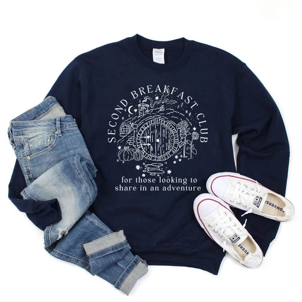 Second Breakfast Club Sweatshirt LOTR The Shire Shirt Literature Bookworm Hoodie Vintage Aesthetic Tops Middle Earth Sweatshirts