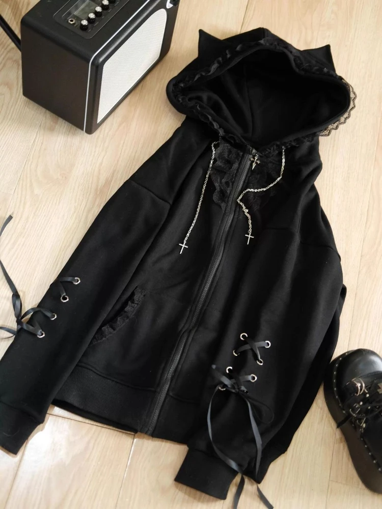 Japanese Subculture Kawaii Hoodie Long Sleeve Women Black Lace Bunny Ear Bow Decor Lace-Up Sweatshirt Casual Sweet Dark Style