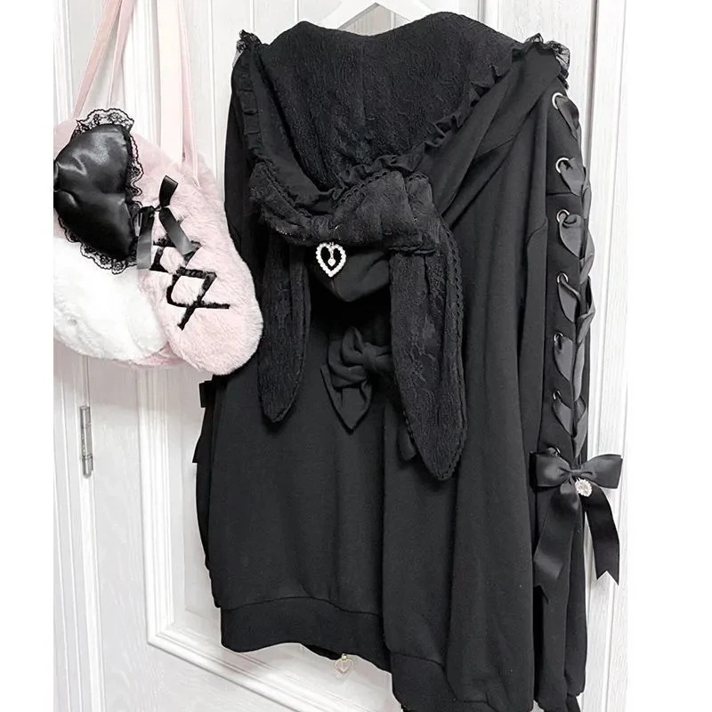 Japanese Subculture Kawaii Hoodie Long Sleeve Women Black Lace Bunny Ear Bow Decor Lace-Up Sweatshirt Casual Sweet Dark Style