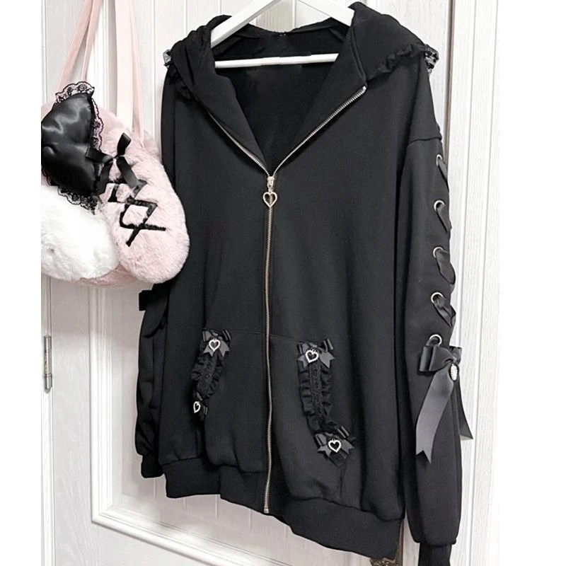 Japanese Subculture Kawaii Hoodie Long Sleeve Women Black Lace Bunny Ear Bow Decor Lace-Up Sweatshirt Casual Sweet Dark Style
