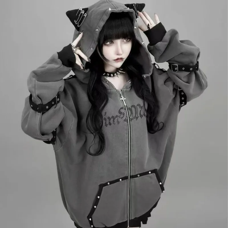 Japanese Subculture Kawaii Hoodie Long Sleeve Women Black Lace Bunny Ear Bow Decor Lace-Up Sweatshirt Casual Sweet Dark Style