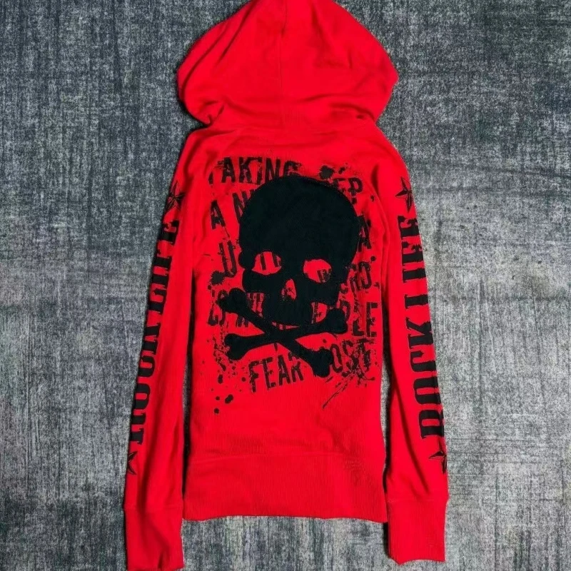 Streetwear Letter Skull Printing Hoodies Women Harajuku Vintage Zipper Gothic Sweatshirt Y2k Aesthetic Red Grunge Casual Hoody