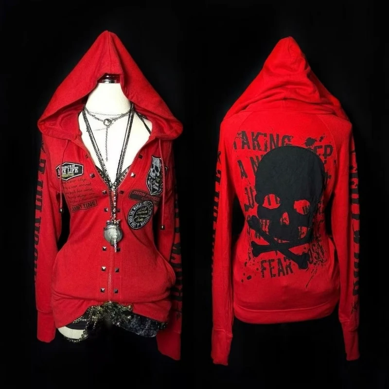 Streetwear Letter Skull Printing Hoodies Women Harajuku Vintage Zipper Gothic Sweatshirt Y2k Aesthetic Red Grunge Casual Hoody
