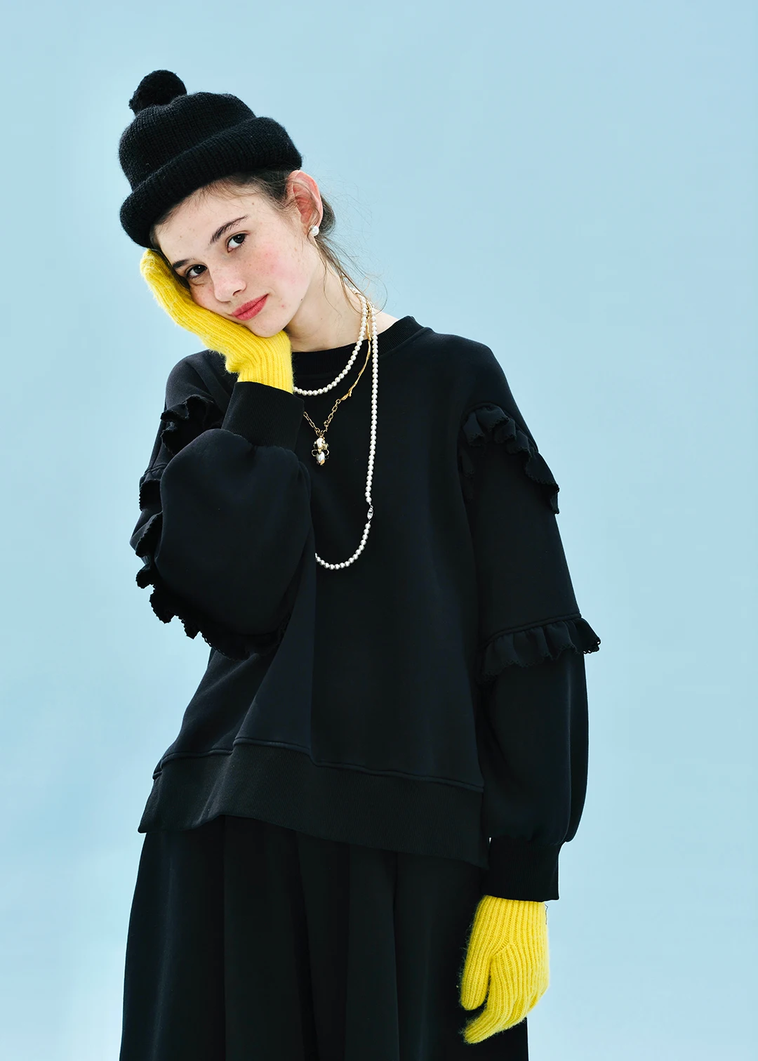 imakokoni Black Ruffled Sleeve Crew Neck Loose Sweatshirt Tops Women's Hoodies & Sweatshirts Casual Female Clothing for Women