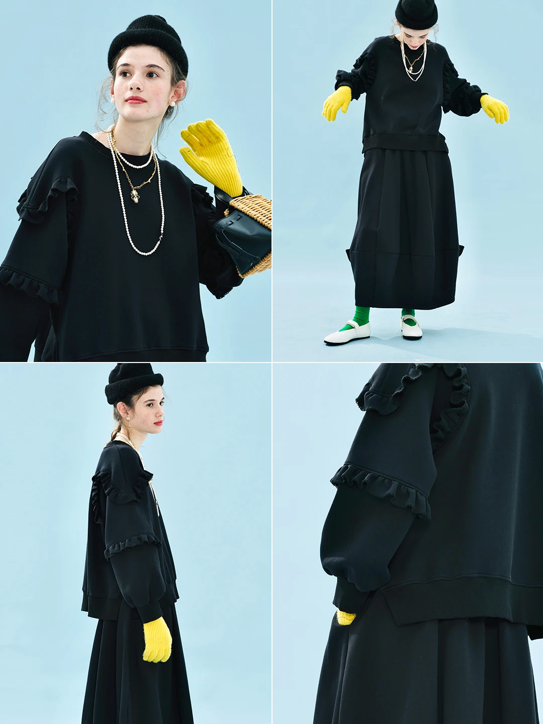 imakokoni Black Ruffled Sleeve Crew Neck Loose Sweatshirt Tops Women's Hoodies & Sweatshirts Casual Female Clothing for Women