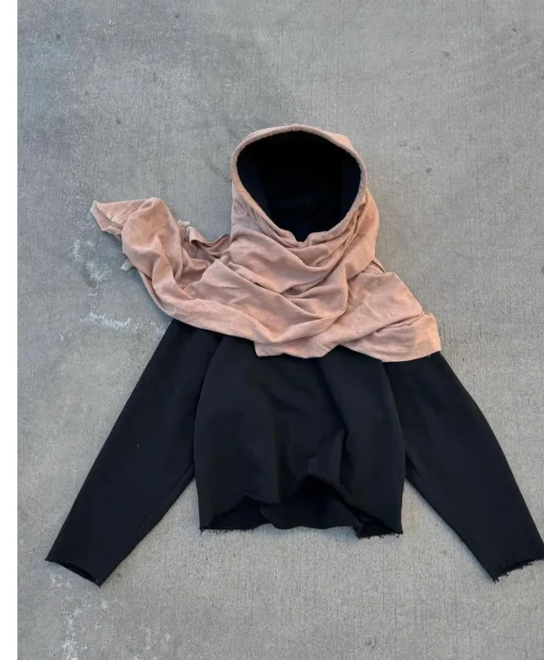 Desert Nomad Streetwear Men Women Shawl Spliced Hoodie Distressed Frayed Cropped Long Sleeve Pullover Built-in Draped Scarf Hood
