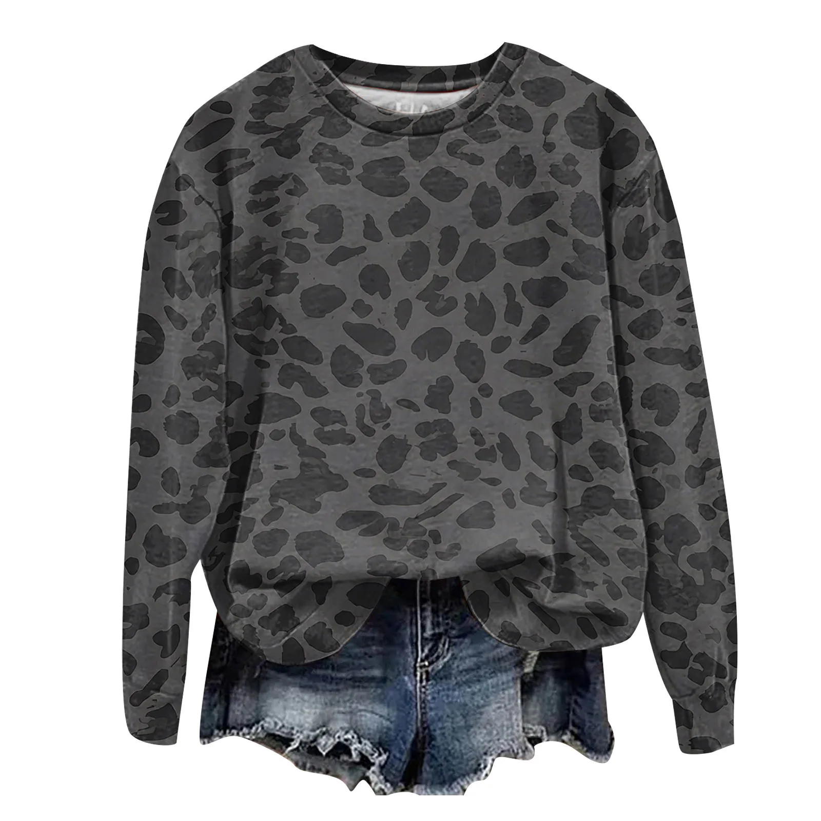 Oversize Sweatshirts For Women Fashion Leopard Printed Long Sleeve Round Neck Tops Plus Size Vintage Casual Pullover Sweatshirts