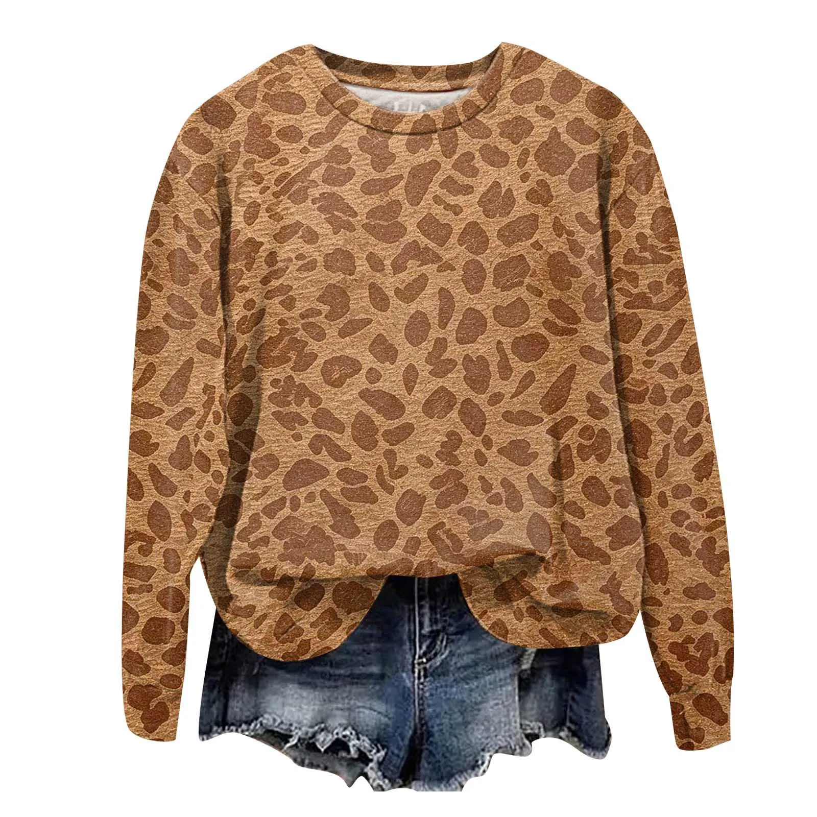 Oversize Sweatshirts For Women Fashion Leopard Printed Long Sleeve Round Neck Tops Plus Size Vintage Casual Pullover Sweatshirts