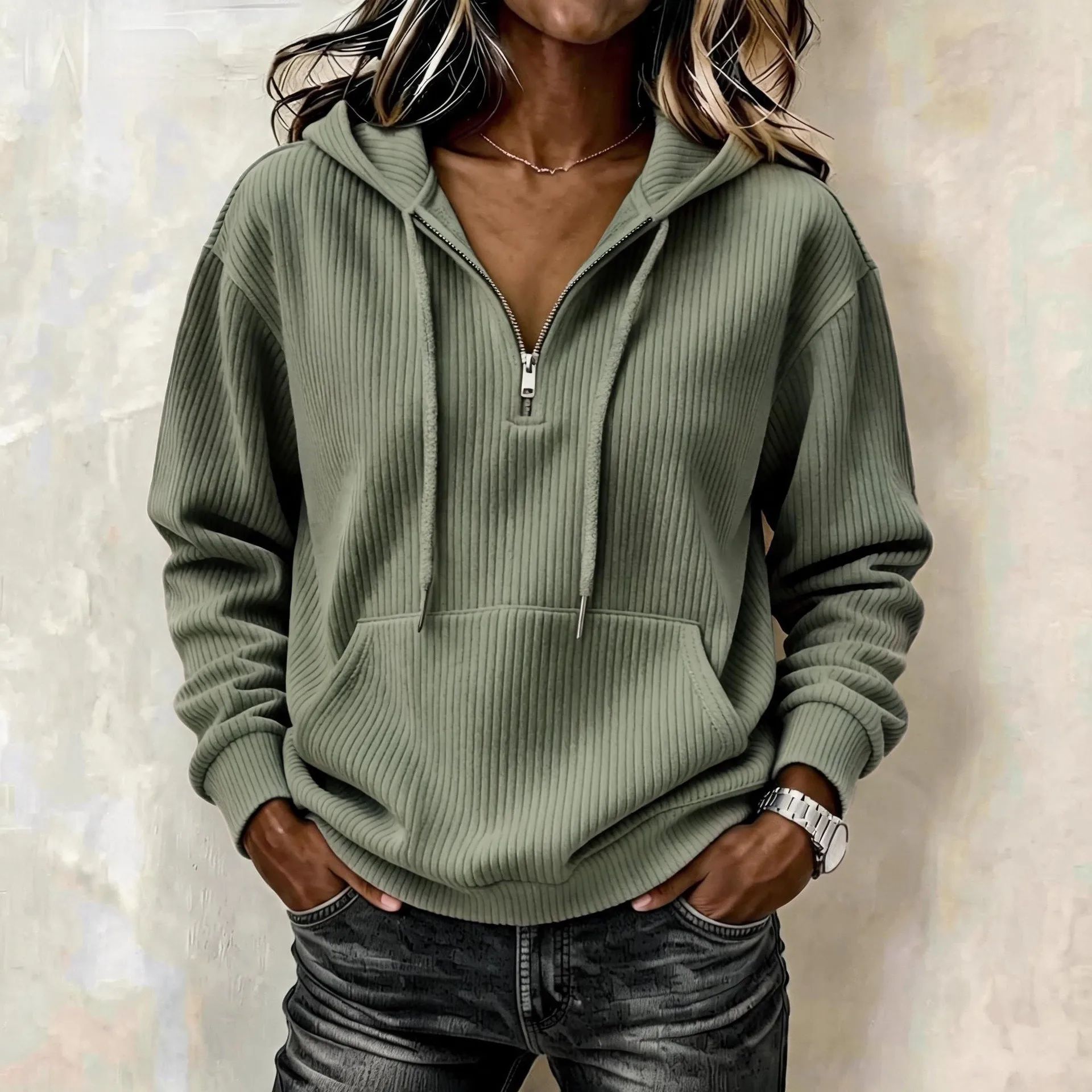 Women's Corduroy Striped Retro Loose Fit Long Sleeve Mid-Length Half Zip Hoodie Women's Winter Clothing Streetwear Casual