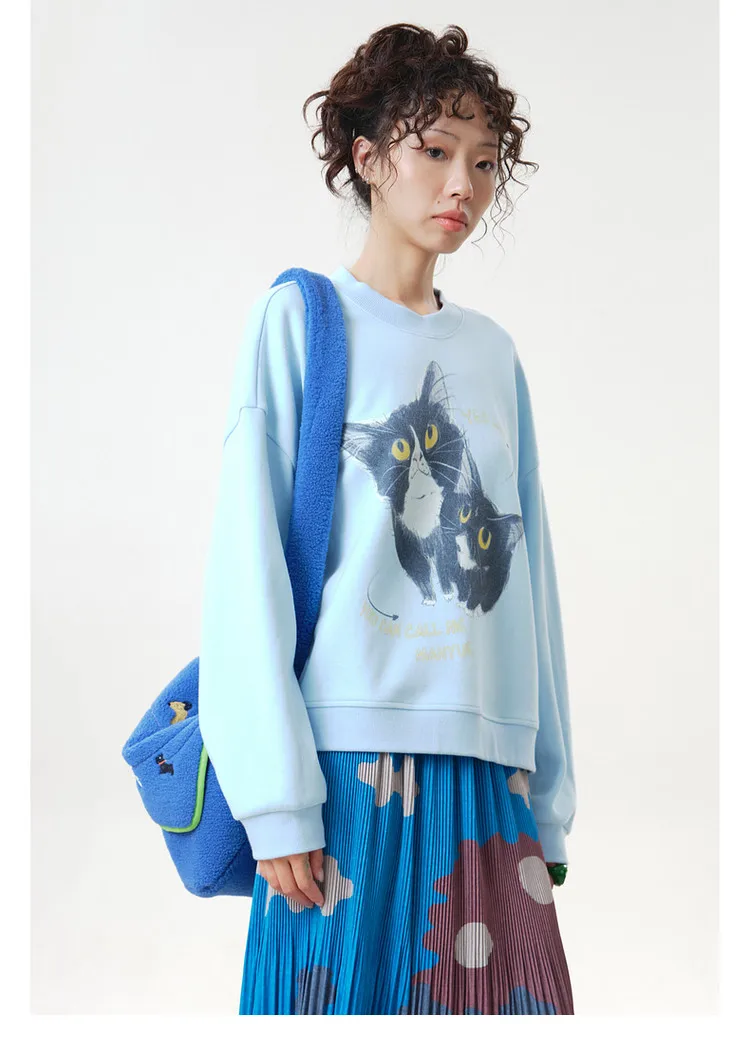 MOVEUP Women's Ribbed Crew Neck Sweatshirt 2026 Autumn Cute Cat Print Casual Commuter Tops Dropped Sleeve Pullover Top 3ELQ11402
