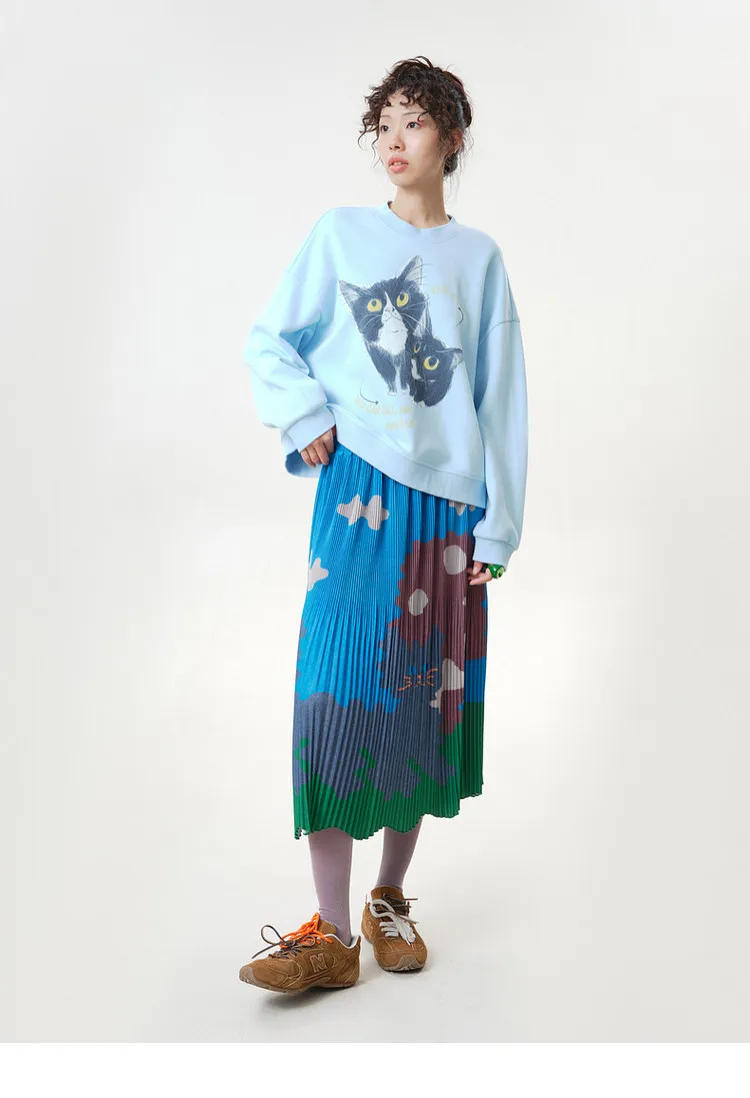MOVEUP Women's Ribbed Crew Neck Sweatshirt 2026 Autumn Cute Cat Print Casual Commuter Tops Dropped Sleeve Pullover Top 3ELQ11402