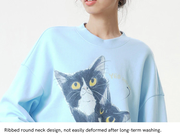 MOVEUP Women's Ribbed Crew Neck Sweatshirt 2026 Autumn Cute Cat Print Casual Commuter Tops Dropped Sleeve Pullover Top 3ELQ11402