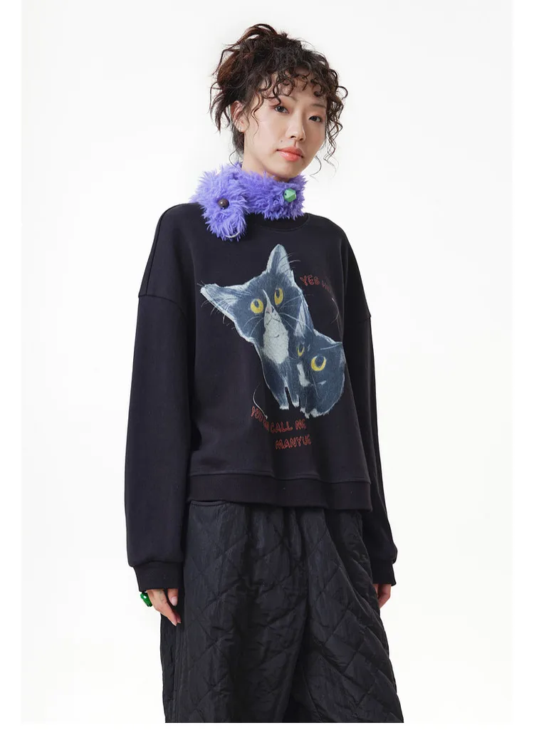 MOVEUP Women's Ribbed Crew Neck Sweatshirt 2026 Autumn Cute Cat Print Casual Commuter Tops Dropped Sleeve Pullover Top 3ELQ11402