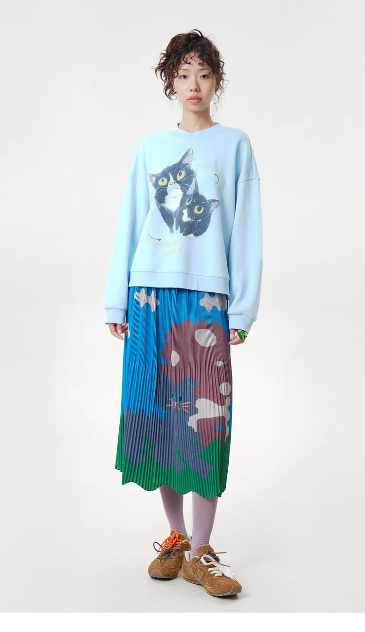 MOVEUP Women's Ribbed Crew Neck Sweatshirt 2026 Autumn Cute Cat Print Casual Commuter Tops Dropped Sleeve Pullover Top 3ELQ11402