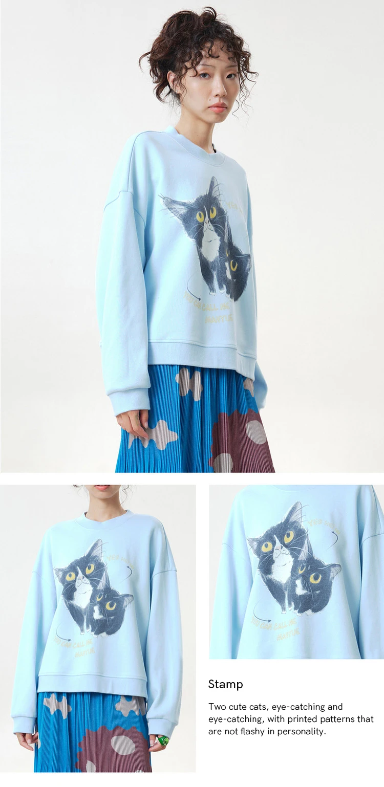 MOVEUP Women's Ribbed Crew Neck Sweatshirt 2026 Autumn Cute Cat Print Casual Commuter Tops Dropped Sleeve Pullover Top 3ELQ11402