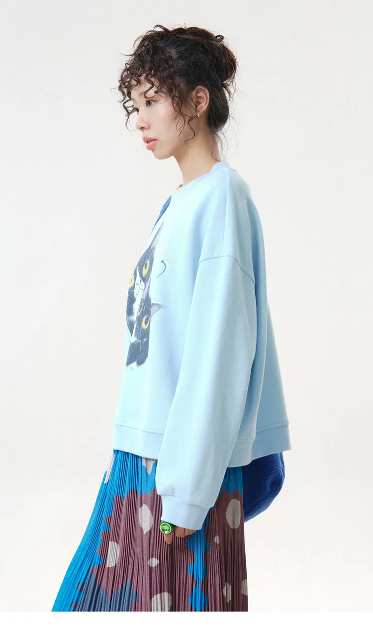 MOVEUP Women's Ribbed Crew Neck Sweatshirt 2026 Autumn Cute Cat Print Casual Commuter Tops Dropped Sleeve Pullover Top 3ELQ11402