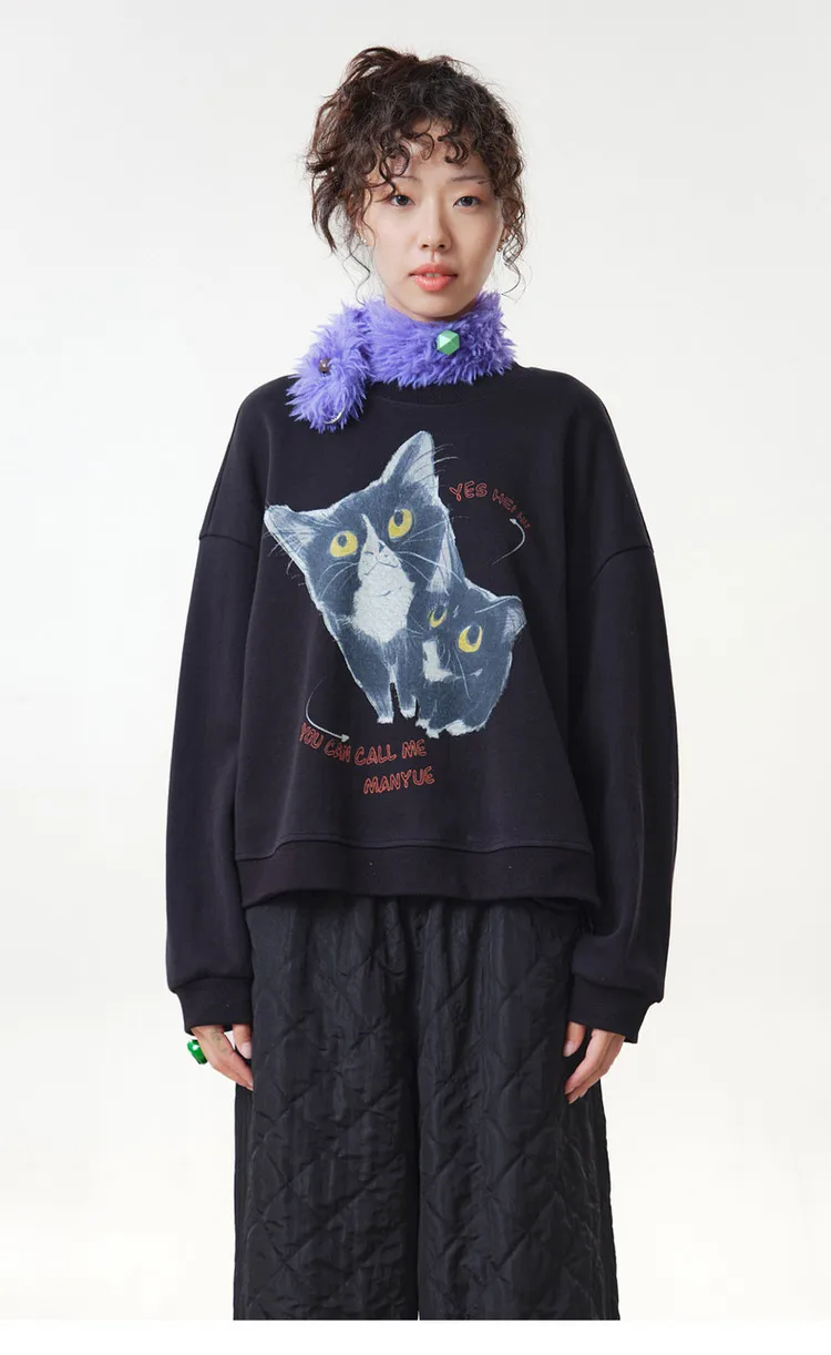 MOVEUP Women's Ribbed Crew Neck Sweatshirt 2026 Autumn Cute Cat Print Casual Commuter Tops Dropped Sleeve Pullover Top 3ELQ11402