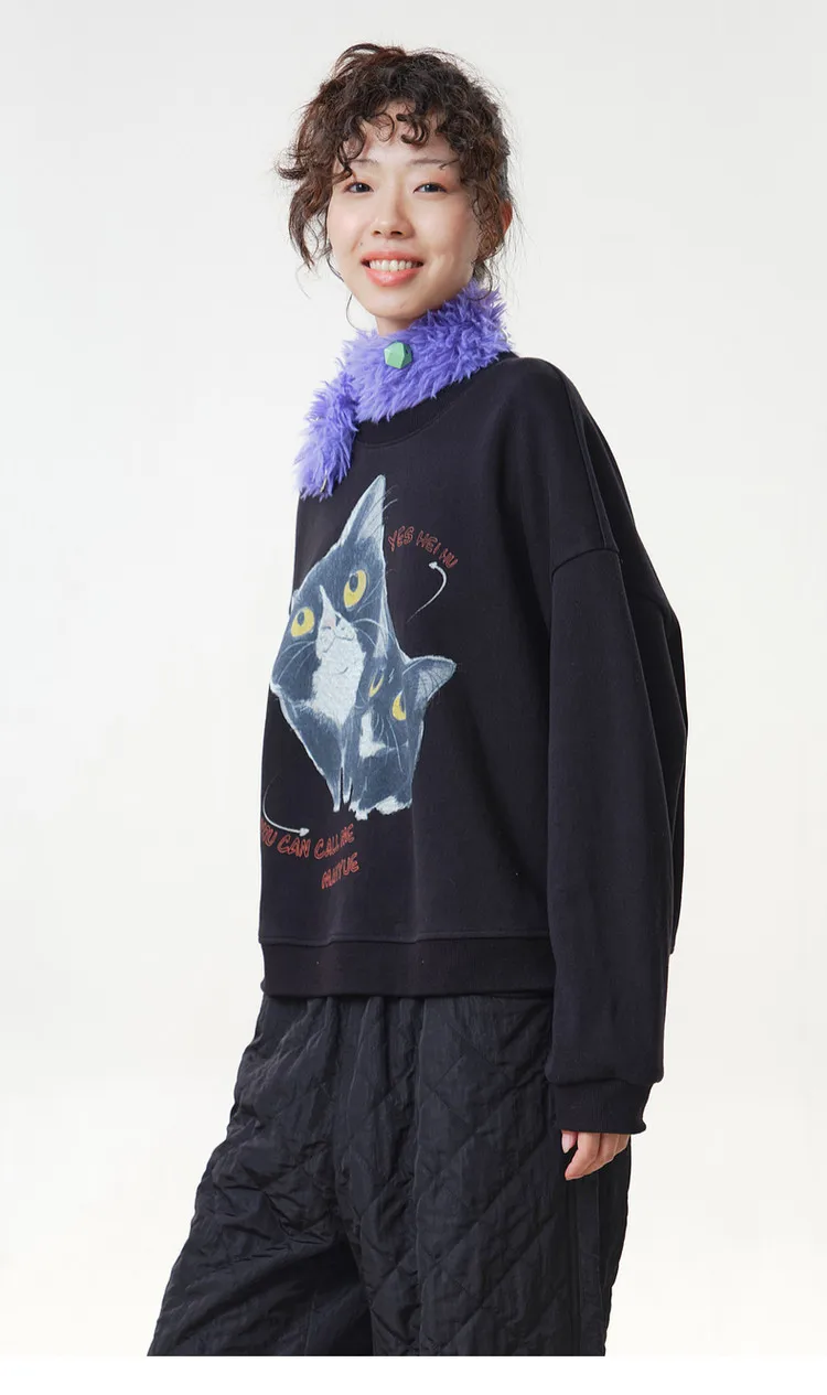 MOVEUP Women's Ribbed Crew Neck Sweatshirt 2026 Autumn Cute Cat Print Casual Commuter Tops Dropped Sleeve Pullover Top 3ELQ11402