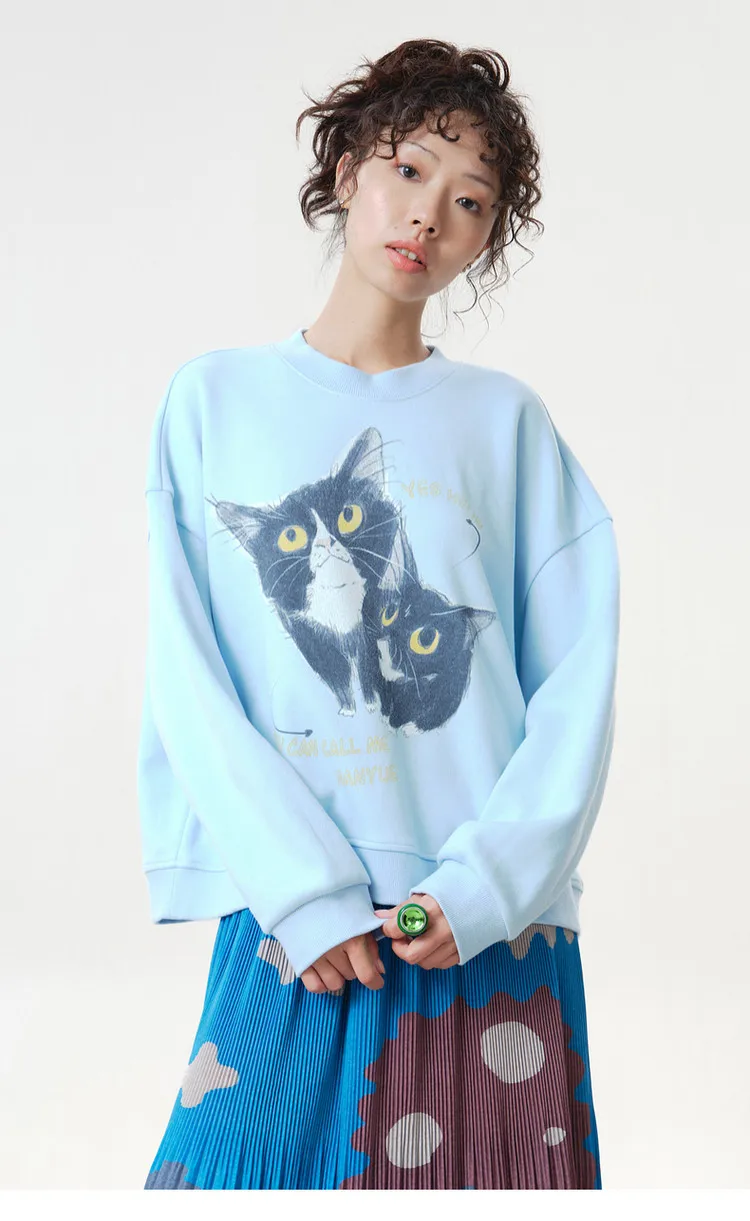 MOVEUP Women's Ribbed Crew Neck Sweatshirt 2026 Autumn Cute Cat Print Casual Commuter Tops Dropped Sleeve Pullover Top 3ELQ11402