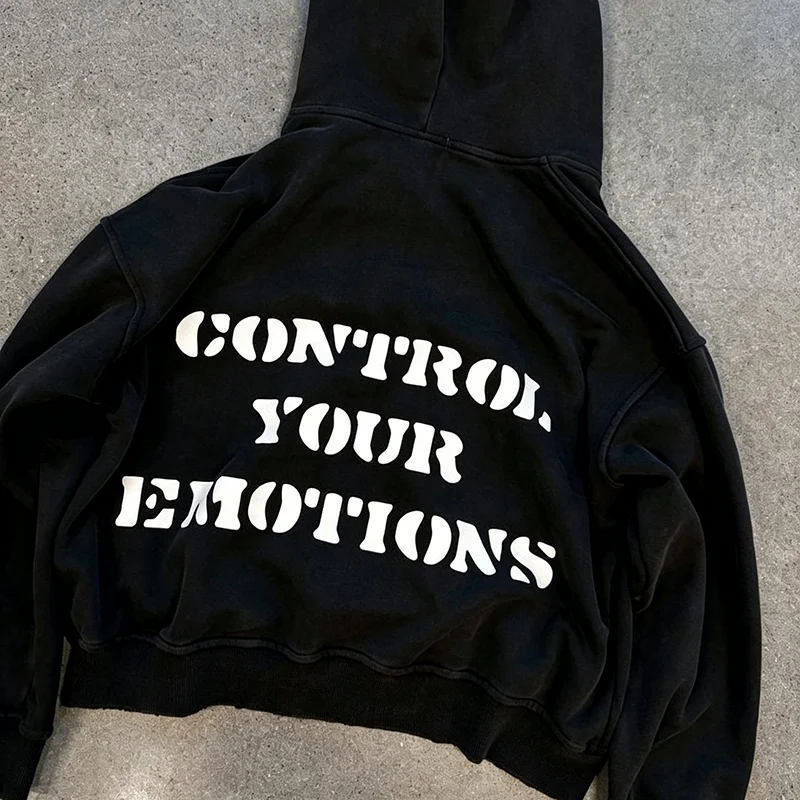 Retro Black Hooded Sweatshirt With Hip-Hop Back Letter Print Controls Your Emotions Y2K Street Pullover Punk High Street Gothic