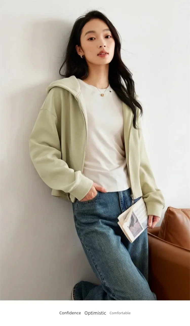 VIMLY Women Light‑khaki Hoodie 2026 Fall Zip‑placket Casual Drop‑shoulder Sweatshirts Fashion Elegant Loose-fit Outerwear A0907