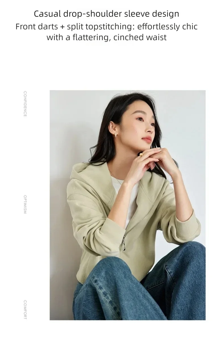 VIMLY Women Light‑khaki Hoodie 2026 Fall Zip‑placket Casual Drop‑shoulder Sweatshirts Fashion Elegant Loose-fit Outerwear A0907