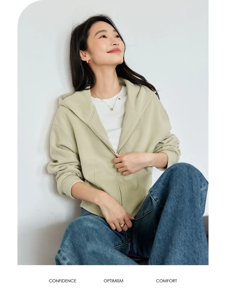 VIMLY Women Light‑khaki Hoodie 2026 Fall Zip‑placket Casual Drop‑shoulder Sweatshirts Fashion Elegant Loose-fit Outerwear A0907