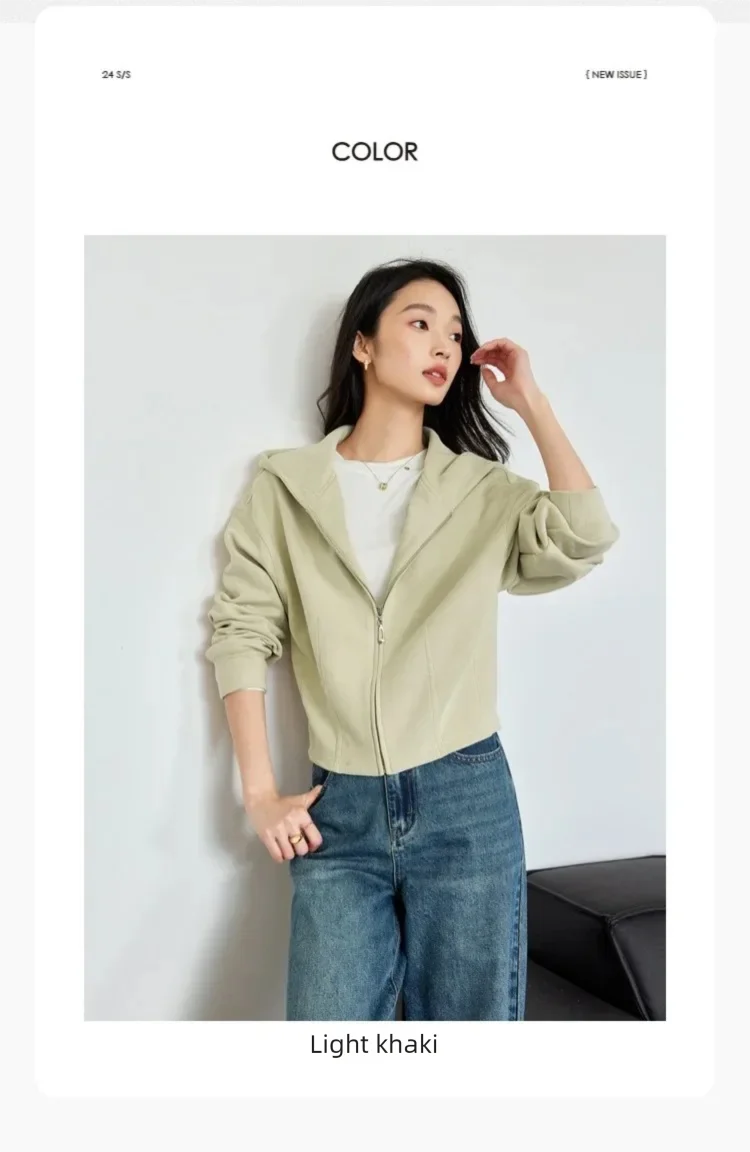 VIMLY Women Light‑khaki Hoodie 2026 Fall Zip‑placket Casual Drop‑shoulder Sweatshirts Fashion Elegant Loose-fit Outerwear A0907