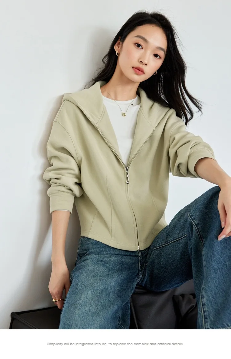 VIMLY Women Light‑khaki Hoodie 2026 Fall Zip‑placket Casual Drop‑shoulder Sweatshirts Fashion Elegant Loose-fit Outerwear A0907