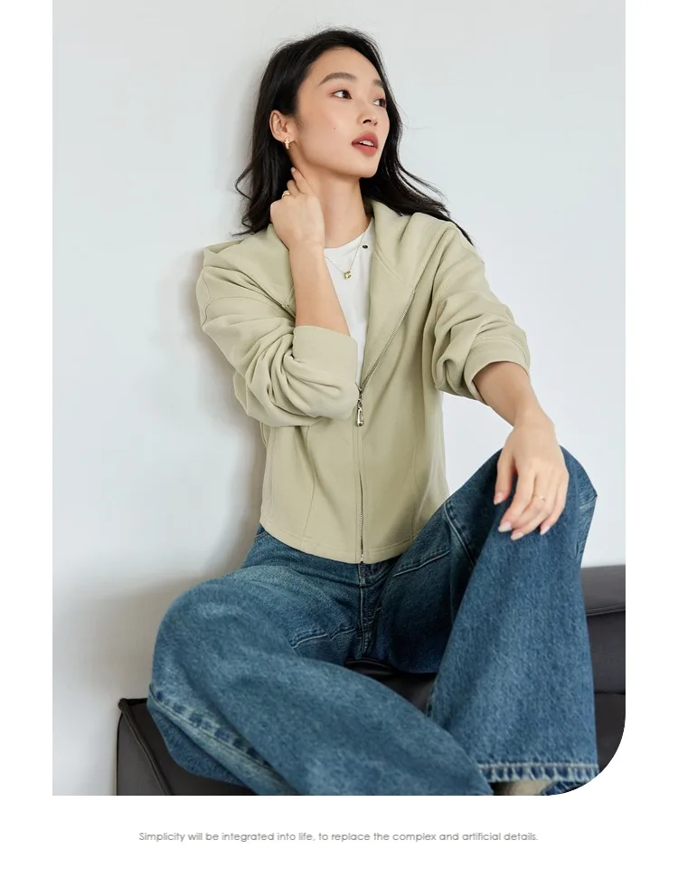 VIMLY Women Light‑khaki Hoodie 2026 Fall Zip‑placket Casual Drop‑shoulder Sweatshirts Fashion Elegant Loose-fit Outerwear A0907