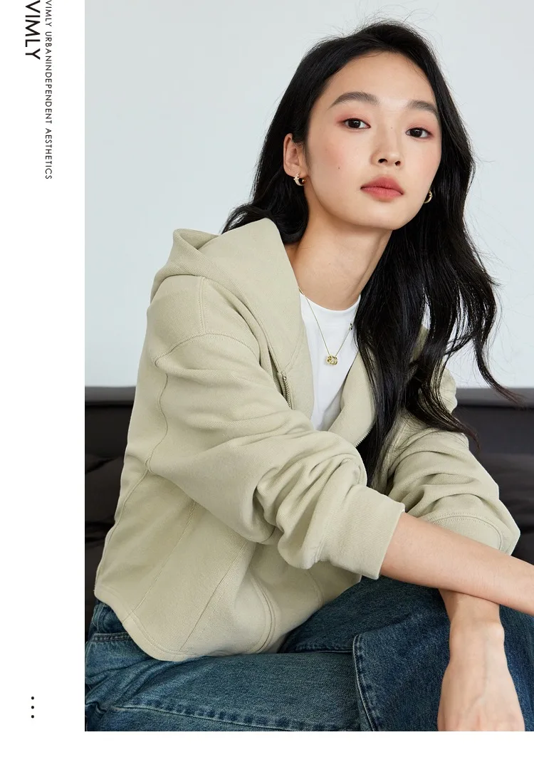 VIMLY Women Light‑khaki Hoodie 2026 Fall Zip‑placket Casual Drop‑shoulder Sweatshirts Fashion Elegant Loose-fit Outerwear A0907