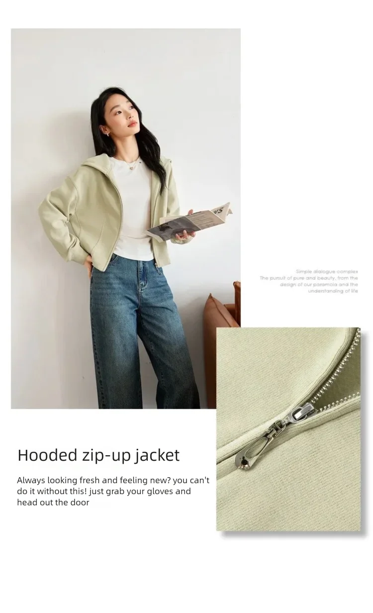 VIMLY Women Light‑khaki Hoodie 2026 Fall Zip‑placket Casual Drop‑shoulder Sweatshirts Fashion Elegant Loose-fit Outerwear A0907