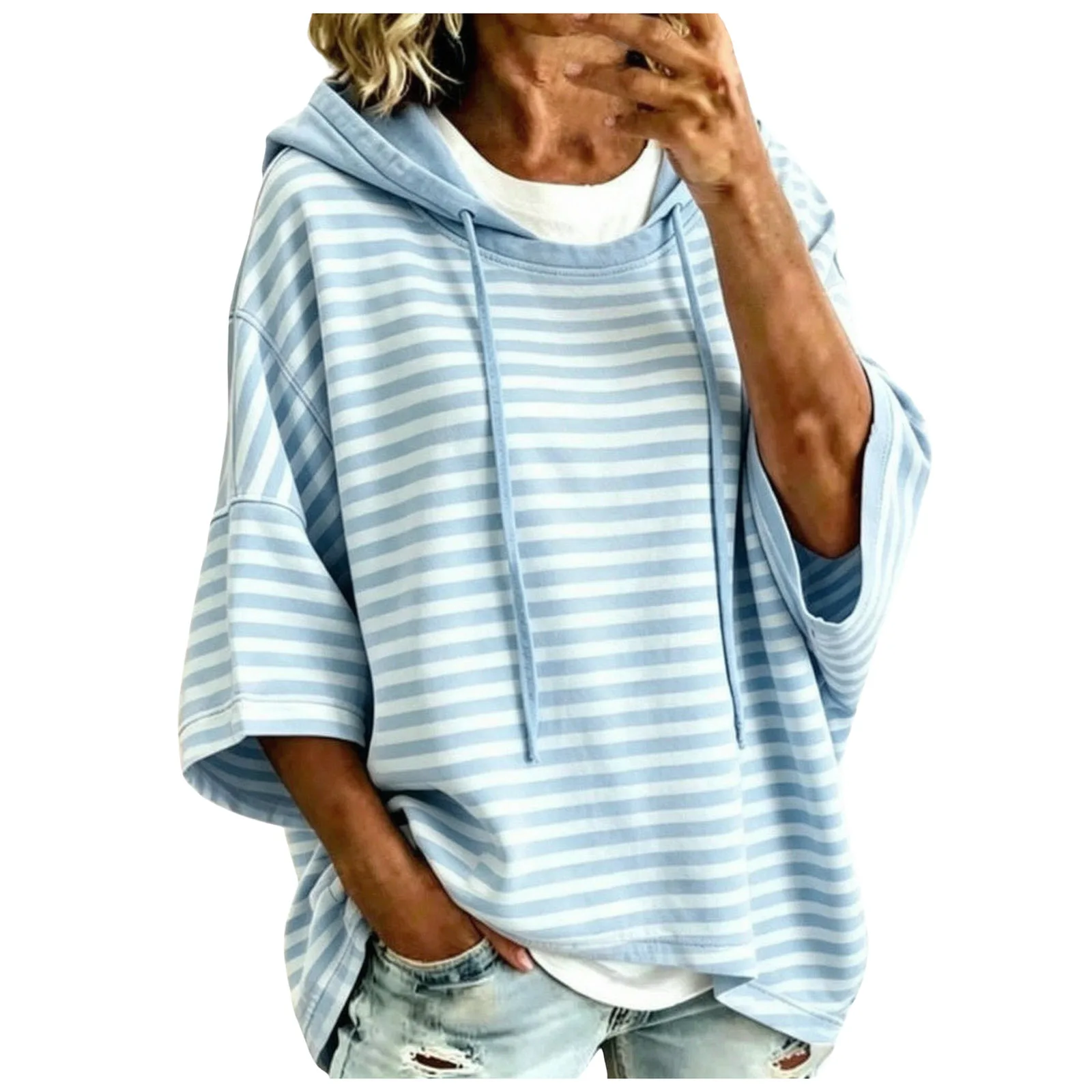 Women Striped Short Sleeve Hoodie Drawstring Drop Shoulder Loose Cropped Pullover Tops Casual Summer Fashion Streetwear Hoodies