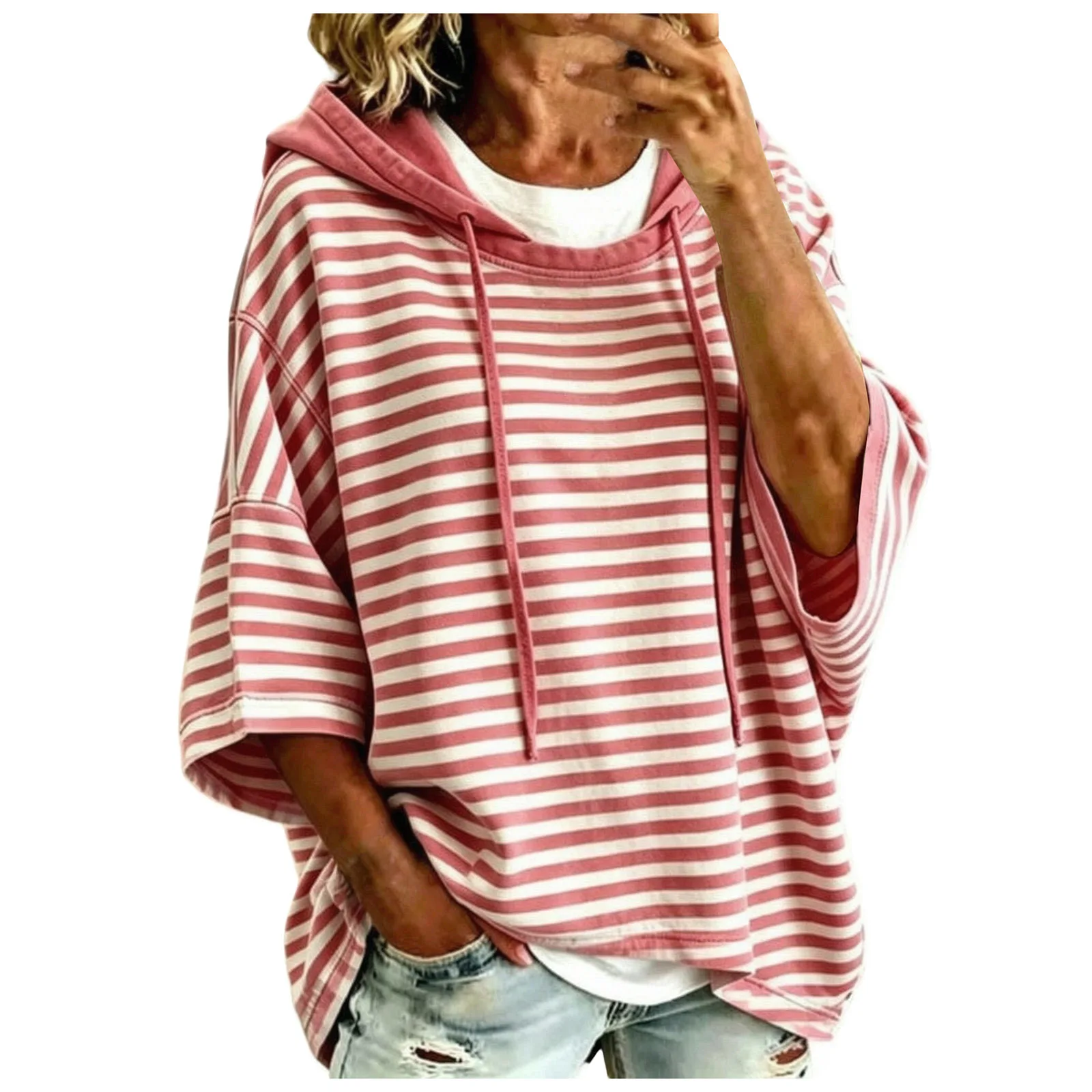 Women Striped Short Sleeve Hoodie Drawstring Drop Shoulder Loose Cropped Pullover Tops Casual Summer Fashion Streetwear Hoodies
