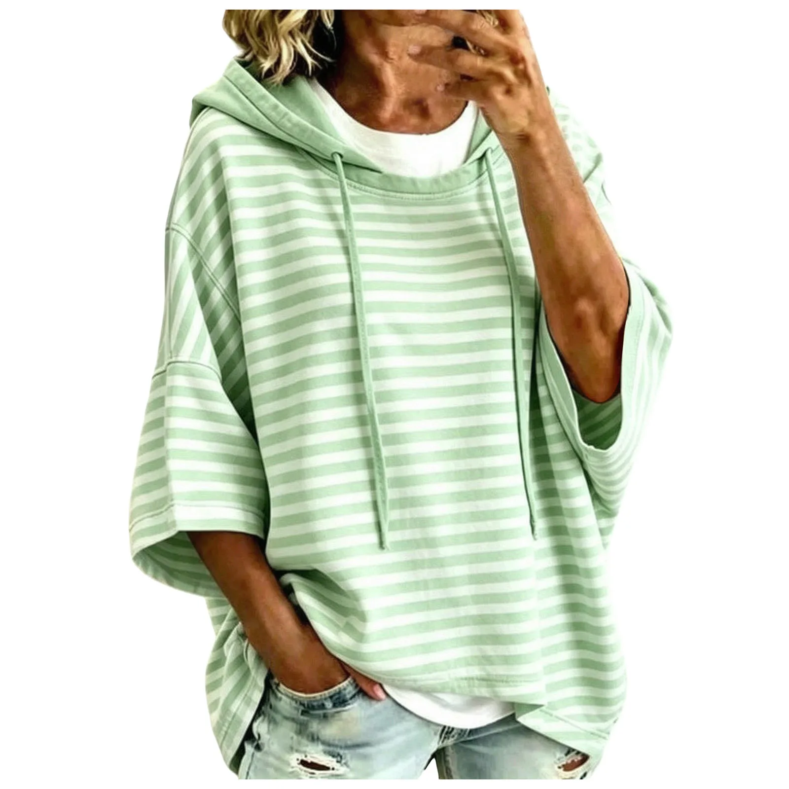 Women Striped Short Sleeve Hoodie Drawstring Drop Shoulder Loose Cropped Pullover Tops Casual Summer Fashion Streetwear Hoodies